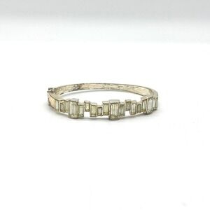 Vintage NRQ Silver Tone Baguette Crystal Hinged Bangle Bracelet 7 Inch Brutalist